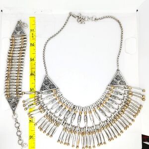 Lucky Brand Silver & Gold Two-Tone Bib Collar Statement Necklace & Bracelet Set